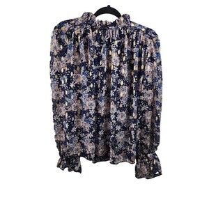 Fab'rik Womens M Blue Gold Floral Print Long Sleeve High Neck Blouse